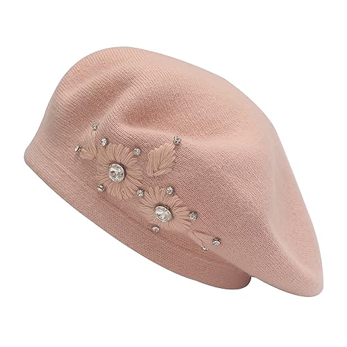 ZLYC Damen Wolle Baskenmütze Klassische Französischen Barett Warm Beret Mütze(Gestickte Blumen Rosa) von ZLYC