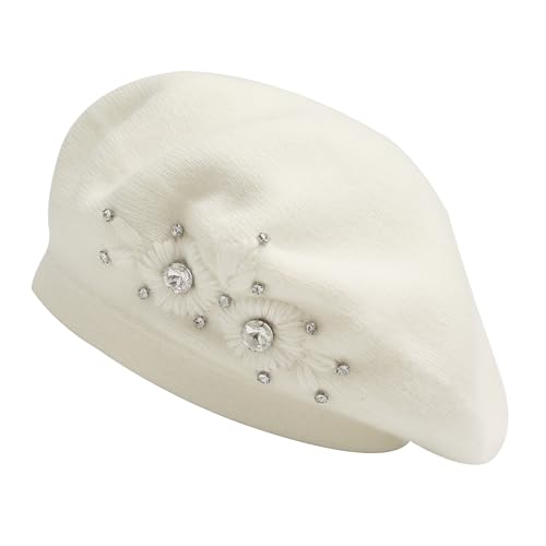 ZLYC Damen Wolle Baskenmütze Klassische Französischen Barett Warm Beret Mütze(Gestickte Blumen Weiß) von ZLYC