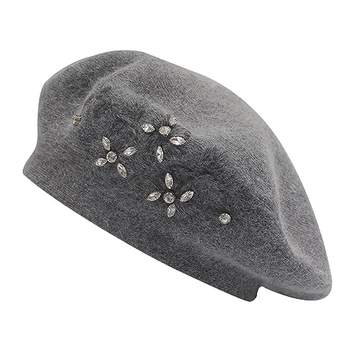 ZLYC Damen Wolle Baskenmütze Klassische Französischen Barett Warm Beret Mütze(Gestickte Blumenranke Grau) von ZLYC