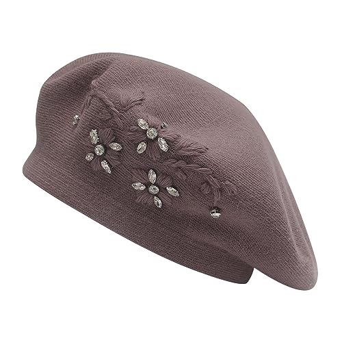ZLYC Damen Wolle Baskenmütze Klassische Französischen Barett Warm Beret Mütze(Gestickte Blumenranke Violett) von ZLYC