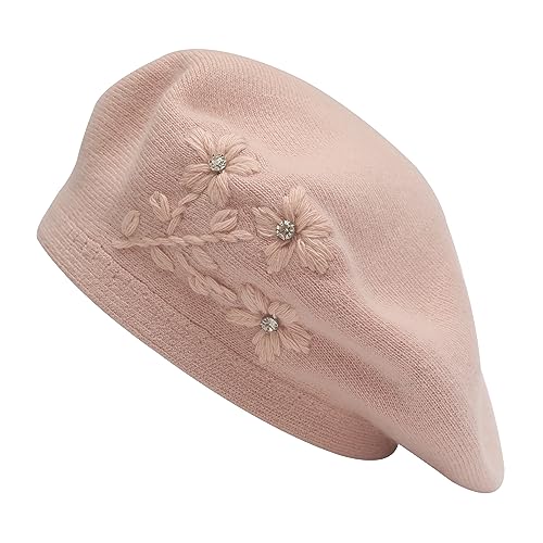 ZLYC Damen Wolle Baskenmütze Klassische Französischen Barett Warm Beret Mütze(Gesticktes Gänseblümchen Rosa) von ZLYC