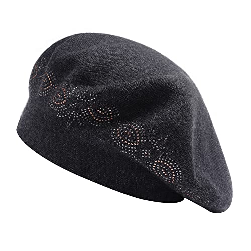 ZLYC Damen Wolle Baskenmütze Klassische Französischen Barett Warm Beret Mütze(Strasssteine Dunkelgrau) von ZLYC