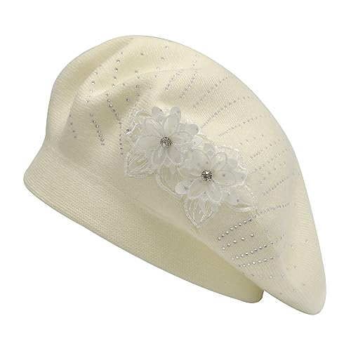 ZLYC Damen Wolle Baskenmütze Klassische Französischen Barett Warm Beret Mütze(Zwei Blumen Beige) von ZLYC