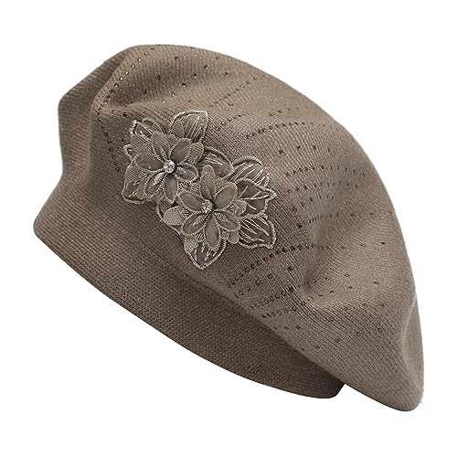 ZLYC Damen Wolle Baskenmütze Klassische Französischen Barett Warm Beret Mütze(Zwei Blumen Bräunlich) von ZLYC