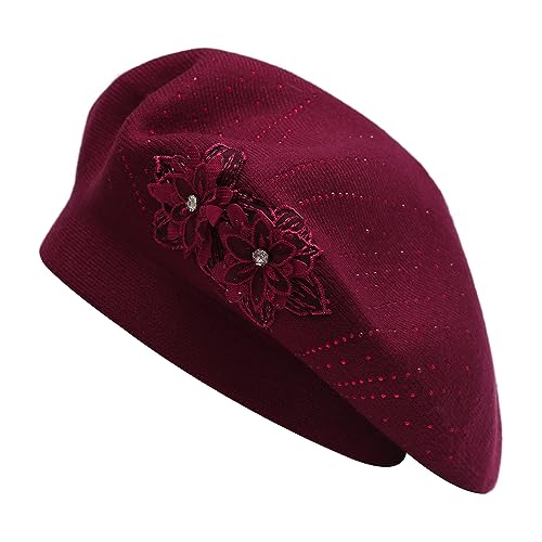 ZLYC Damen Wolle Baskenmütze Klassische Französischen Barett Warm Beret Mütze(Zwei Blumen Burgund) von ZLYC
