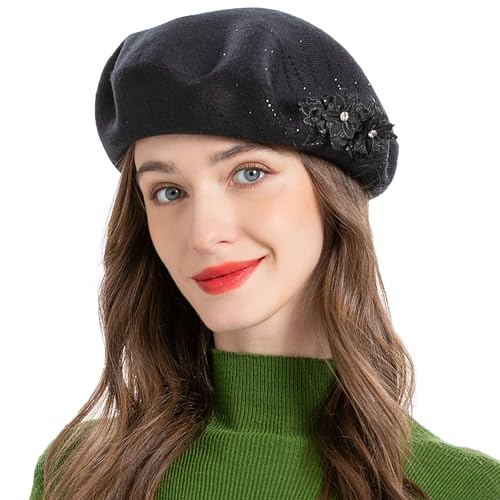 ZLYC Damen Wolle Baskenmütze Klassische Französischen Barett Warm Beret Mütze(Zwei Blumen Schwarz) von ZLYC