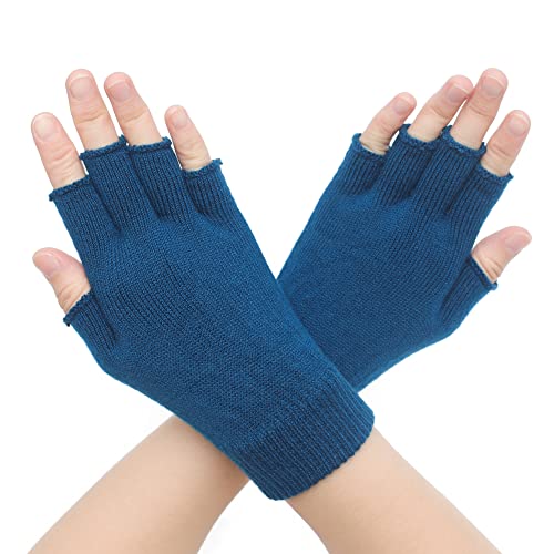 ZLYC Damen Wolle Halbfinger Handschuhe Winter Stricken Fingerlose Handschuhe(Einfarbig Blau) von ZLYC