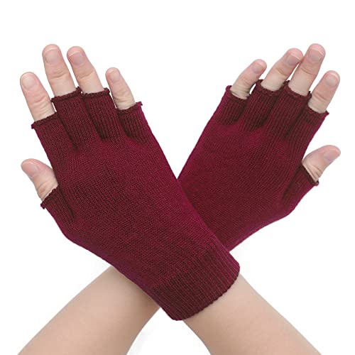 ZLYC Damen Wolle Halbfinger Handschuhe Winter Stricken Fingerlose Handschuhe(Einfarbig Dunkelrot) von ZLYC