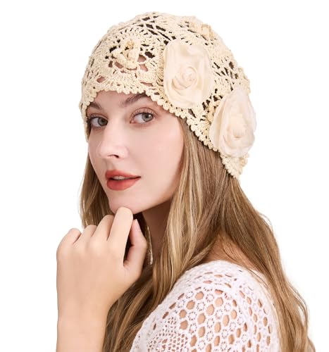 ZLYC Demen Sommer Strickmützen Handgemacht Häkelmütze Slouch Beanie Mütze(Zierblumen Beige),Einheitsgröße von ZLYC