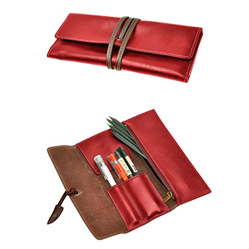 ZLYC Federmappe zum Zusammenrollen, weiches Leder, Handarbeit, für Schreibwaren, tolles Geschenk S(3.3 * 0.4 * 7.8") rot von ZLYC