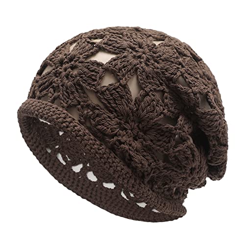 ZLYC Frauen Baumwolle Häkeln Slouchy Beanie Hut Handgemachte Strick Ausschnitt Sommer Floral Schädel Kappe, Häkeln Braun, Einheitsgröße von ZLYC