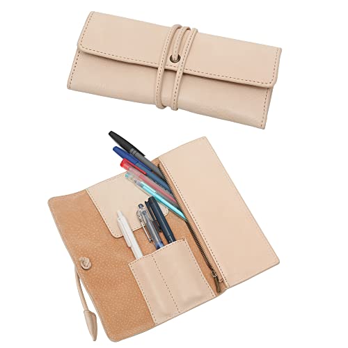 ZLYC Handgefertigte Leder Federmäppchen Stifttasche Stiftemappe Griffelmappe im Vintage-Stil(Beige) von ZLYC