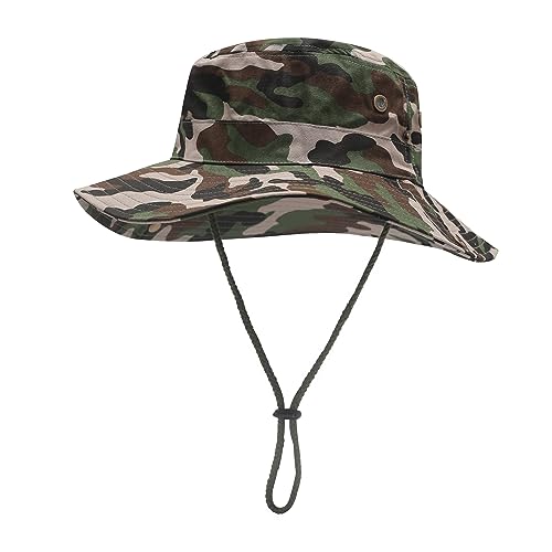 ZLYC Herren Camouflage Sonnenhut Safari Hut Mesh Outdoorhut Boonie Hut(8cm Krempe Tarnfarbe Armee Grün) von ZLYC