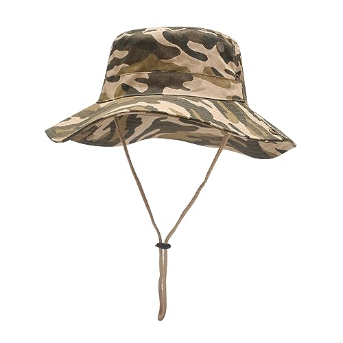 ZLYC Herren Camouflage Sonnenhut Safari Hut Mesh Outdoorhut Boonie Hut(8cm Krempe Tarnfarbe Khaki) von ZLYC