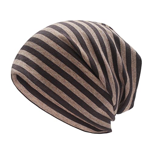 ZLYC Herren Dünn Leichte Slouch Strickmützen Jersey Beanie für Frühling Herbst(Gestreiftes Braun und Khaki) von ZLYC