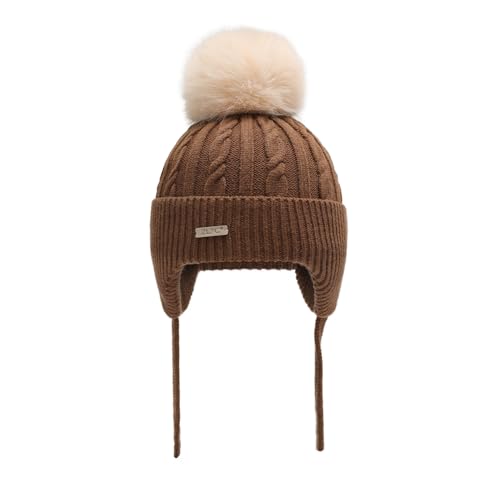 ZLYC Kinder Mädchen Strickmützen Wintermützen Baumwolle Pom Pom Beanie(Einfarbig Braun),Einheitsgröße von ZLYC