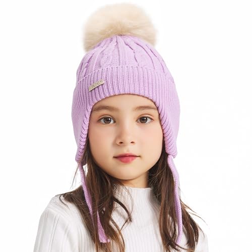 ZLYC Kinder Mädchen Strickmützen Wintermützen Baumwolle Pom Pom Beanie(Einfarbig Hellviolett),Einheitsgröße von ZLYC