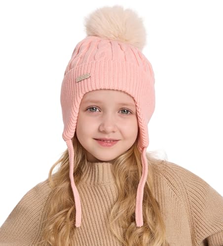 ZLYC Kinder Mädchen Strickmützen Wintermützen Baumwolle Pom Pom Beanie(Einfarbig Rosa),Einheitsgröße von ZLYC