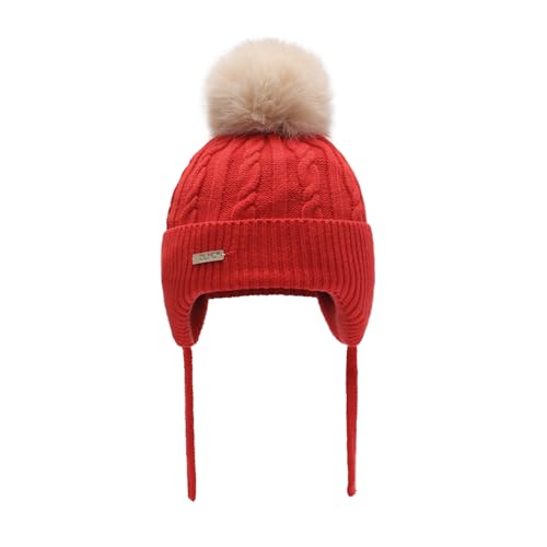 ZLYC Kinder Mädchen Strickmützen Wintermützen Baumwolle Pom Pom Beanie(Einfarbig Rot),Einheitsgröße von ZLYC