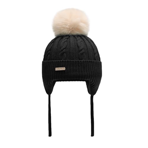 ZLYC Kinder Mädchen Strickmützen Wintermützen Baumwolle Pom Pom Beanie(Einfarbig Schwarz),Einheitsgröße von ZLYC