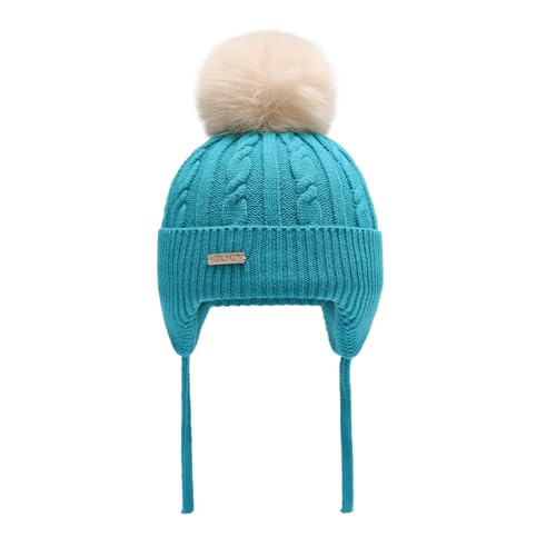 ZLYC Kinder Mädchen Strickmützen Wintermützen Baumwolle Pom Pom Beanie(Einfarbig Teal Blau),Einheitsgröße von ZLYC