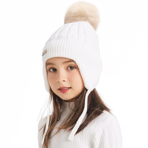 ZLYC Kinder Mädchen Strickmützen Wintermützen Baumwolle Pom Pom Beanie(Einfarbig Weiß),Einheitsgröße von ZLYC