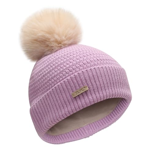 ZLYC Kinder Winter Strickmützen Baumwolle Pom Pom Beanie für Mädchen Jungen(Einfarbig Hellviolett),Einheitsgröße von ZLYC