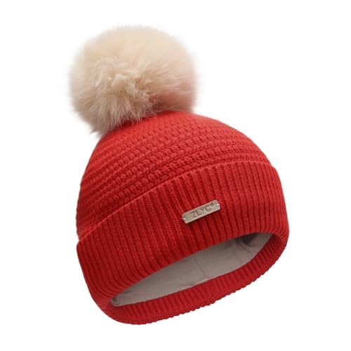 ZLYC Kinder Winter Strickmützen Baumwolle Pom Pom Beanie für Mädchen Jungen(Einfarbig Rot),Einheitsgröße von ZLYC