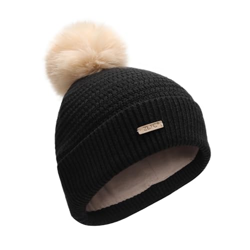 ZLYC Kinder Winter Strickmützen Baumwolle Pom Pom Beanie für Mädchen Jungen(Einfarbig Schwarz),Einheitsgröße von ZLYC