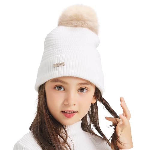 ZLYC Kinder Winter Strickmützen Baumwolle Pom Pom Beanie für Mädchen Jungen(Einfarbig Weiß),Einheitsgröße von ZLYC