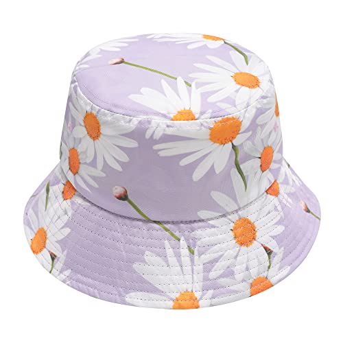 ZLYC Unisex Blumen Pflanze Regenwald-Druck Leinwand Sonnenhut Strandhut Fishermütze(Daisy Purple) von ZLYC