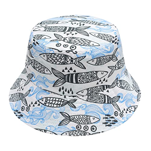 ZLYC Unisex Blumen Pflanze Regenwald-Druck Leinwand Sonnenhut Strandhut Fishermütze(Sardinen Weiß) von ZLYC