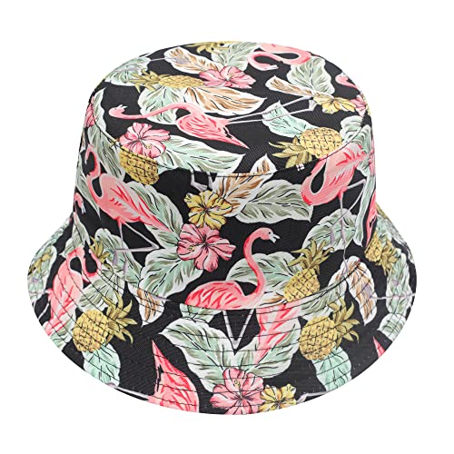 ZLYC Unisex Blumen Pflanze Regenwald-Druck Leinwand Sonnenhut Strandhut Fishermütze (Flamingo Ananas Schwarz) von ZLYC