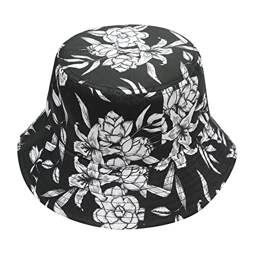 ZLYC Männer Frauen Sommer Fischerhüte Obst Hut, Schwarze und weiße Blüten., One Size von ZLYC