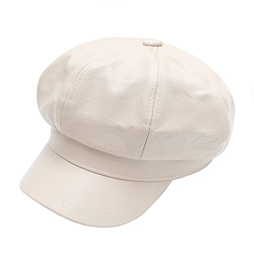 ZLYC Unisex PU Leder Ballonmütze Schirmmütze Retro Klassisch Achteck Kappe Winter Baskenmützen(Cremeweiß) von ZLYC