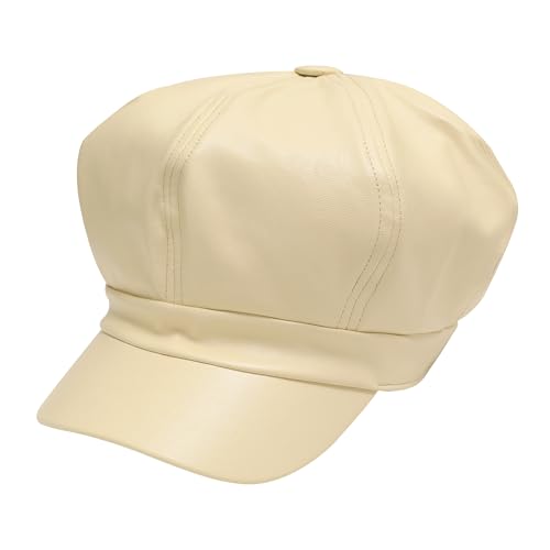 ZLYC Unisex PU Leder Ballonmütze Schirmmütze Retro Klassisch Achteck Kappe Winter Baskenmützen(Einfarbig Beige),Einheitsgröße von ZLYC