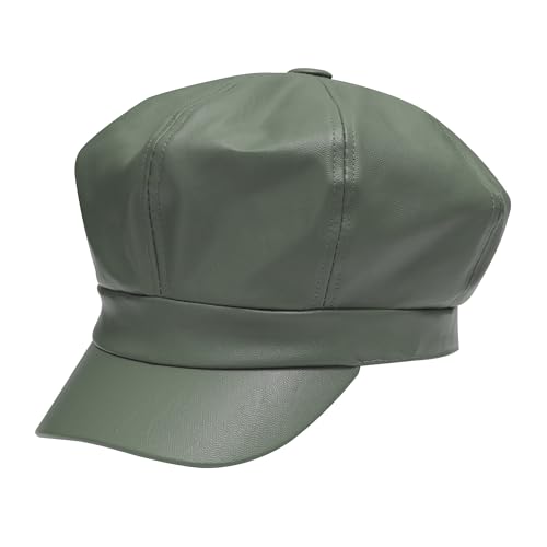 ZLYC Unisex PU Leder Ballonmütze Schirmmütze Retro Klassisch Achteck Kappe Winter Baskenmützen(Graugrün),Einheitsgröße von ZLYC