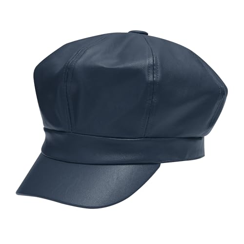 ZLYC Unisex PU Leder Ballonmütze Schirmmütze Retro Klassisch Achteck Kappe Winter Baskenmützen(Marineblau),Einheitsgröße von ZLYC