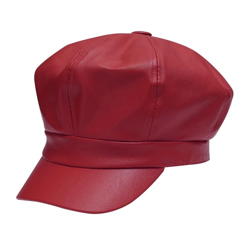 ZLYC Unisex PU Leder Ballonmütze Schirmmütze Retro Klassisch Achteck Kappe Winter Baskenmützen(Rot),Einheitsgröße von ZLYC