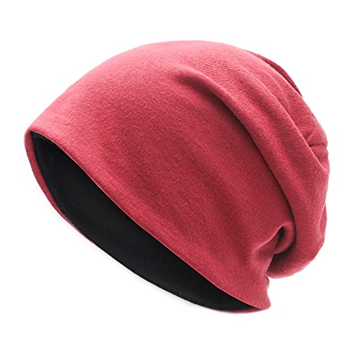 ZLYC Winter Strickmützen Doppelschicht Warm Beanie Mütze für Damen Herren(Einfarbig Rot Schwarz) von ZLYC