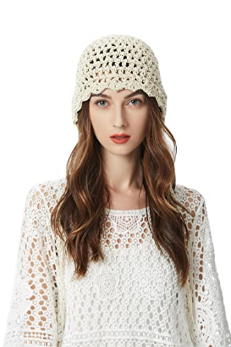 ZLYC Women Baumwolle Strickmütze Handgemacht Gehäkelter Strick Sommer Blumens Mütze (Einfaches Beige) von ZLYC