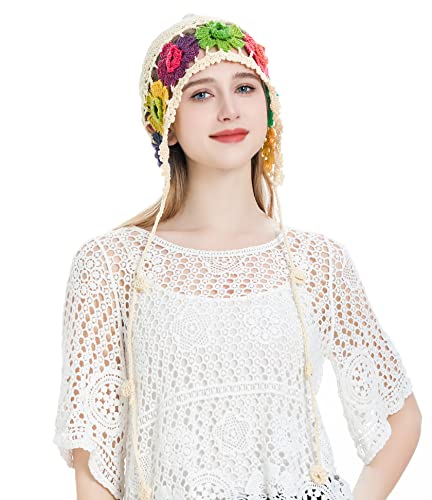 ZLYC Women Baumwolle Strickmütze Handgemacht Gehäkelter Strick Sommer Blumens Mütze (Geflecht Blumen Beige) von ZLYC