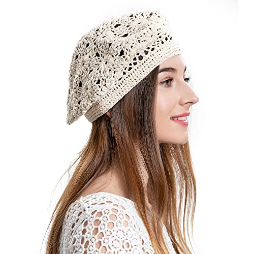 ZLYC Women Cotton Slouchy Crochet Beret Handmade Cutout Floral Beanie Hat (Plain Beige) von ZLYC