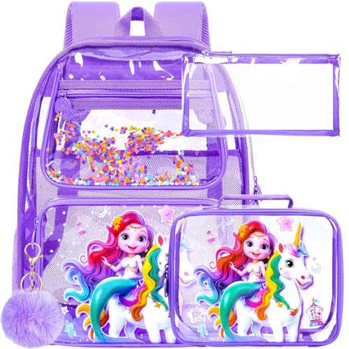 ZLYERT 3PSC Transparenter Rucksack, 40,6 cm, robuste, transparente Büchertasche für Mädchen und Frauen, groß, durchsichtig, PVC-Schulrucksäcke mit Lunchbox (violettes Einhorn) von ZLYERT