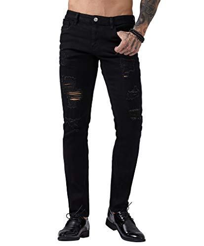 ZLZ Herren Zerrissene Dünne Beunruhigt Zerstörte Slim Fit Stretch Biker Jeans Hosen Mit Löchern 34 Schwarz 01 von ZLZ