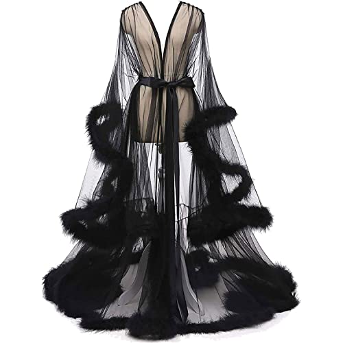 ZLZNX Transparentes Federkleid Langer Federrobe Mit Ausgestellten Ärmeln Für Frauen Perspektivische Robe Nachtwäsche Set Kleid Mit Ausgestellter,02,XXL von ZLZNX