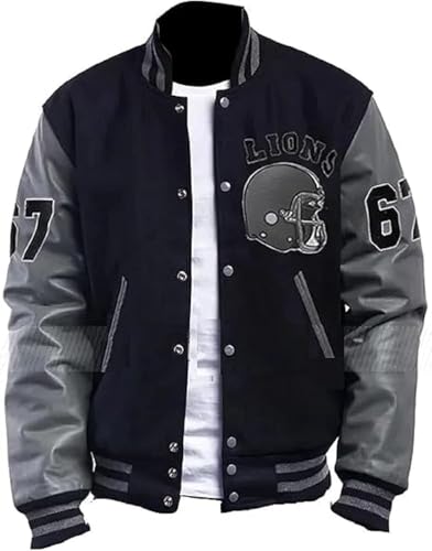 ZM ATTIRE Beverly Hills Cop Eddie Murphy Baseball Tom Hardy Venom Letterman Varsity Bomberjacke für Herren, Graue Ärmel aus echtem Leder – Vorderseite aus Wolle, L von ZM ATTIRE