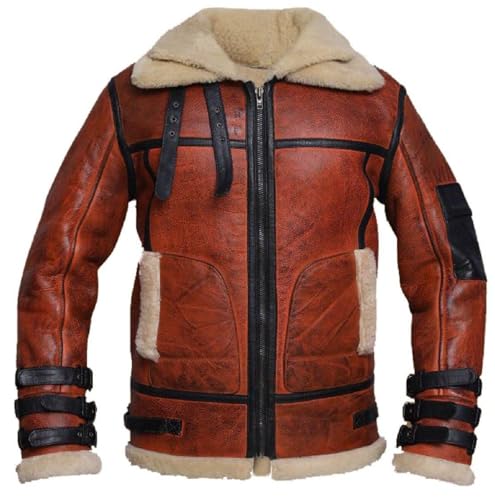 ZM ATTIRE Herren Distressed Aviator Brown Shearling Lederjacke mit Doppelkragen, Kunstleder – braunes Fell, L von ZM ATTIRE