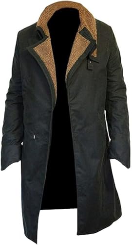 ZM ATTIRE Officer K Runner 2049 Revers Pelzkragen Trenchcoat Lang Baumwolle Mantel Schwarz, Grün: Baumwollmantel, L von ZM ATTIRE
