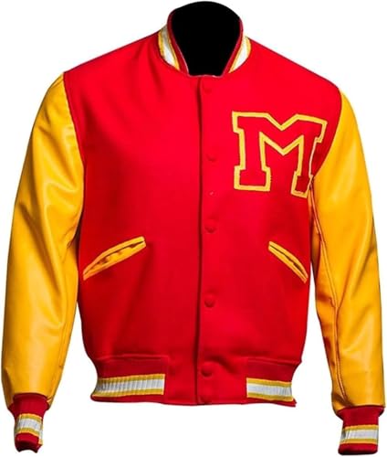 ZM ATTIRE Thriller MJ Varsity Jacke Rot Wolle Gelb Letterman Bomber Konzert Cosplay Halloween Kostüm, Rote Wolle – Faux ohne Aufnäher, L von ZM ATTIRE